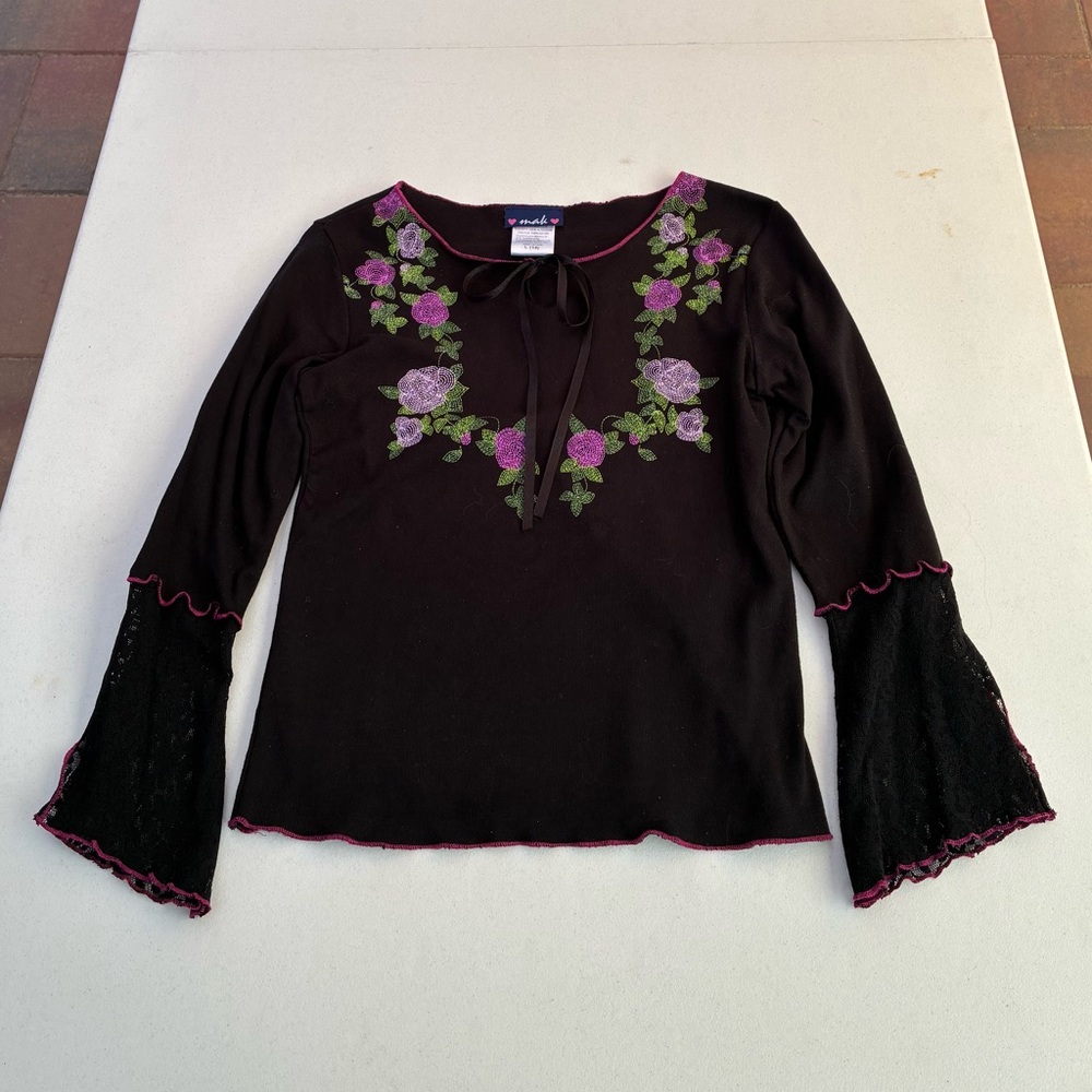 Vintage Y2K Floral Painted Black Top